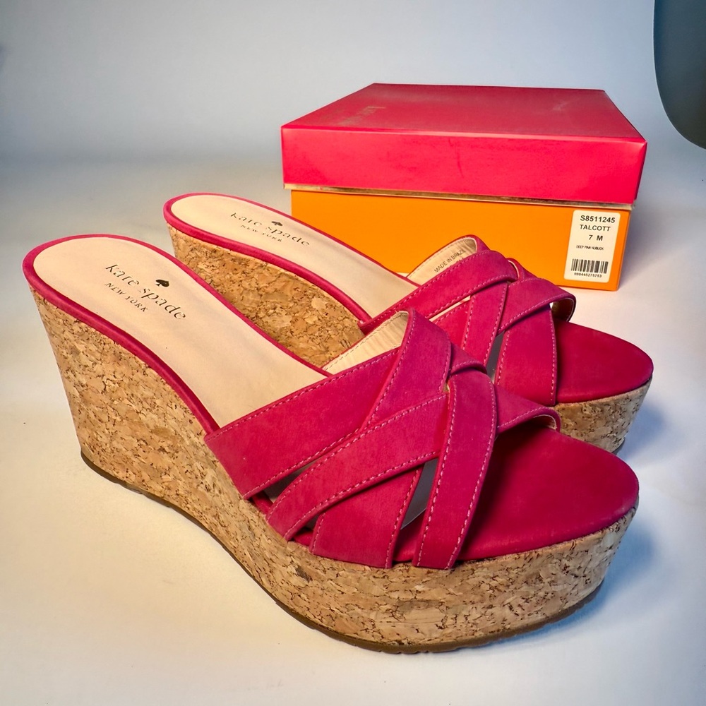 Kate Spade Talcott Pink Suede Cork Wedge Sandals Crisscross Platform NIB Size 7 - Picture 3 of 14